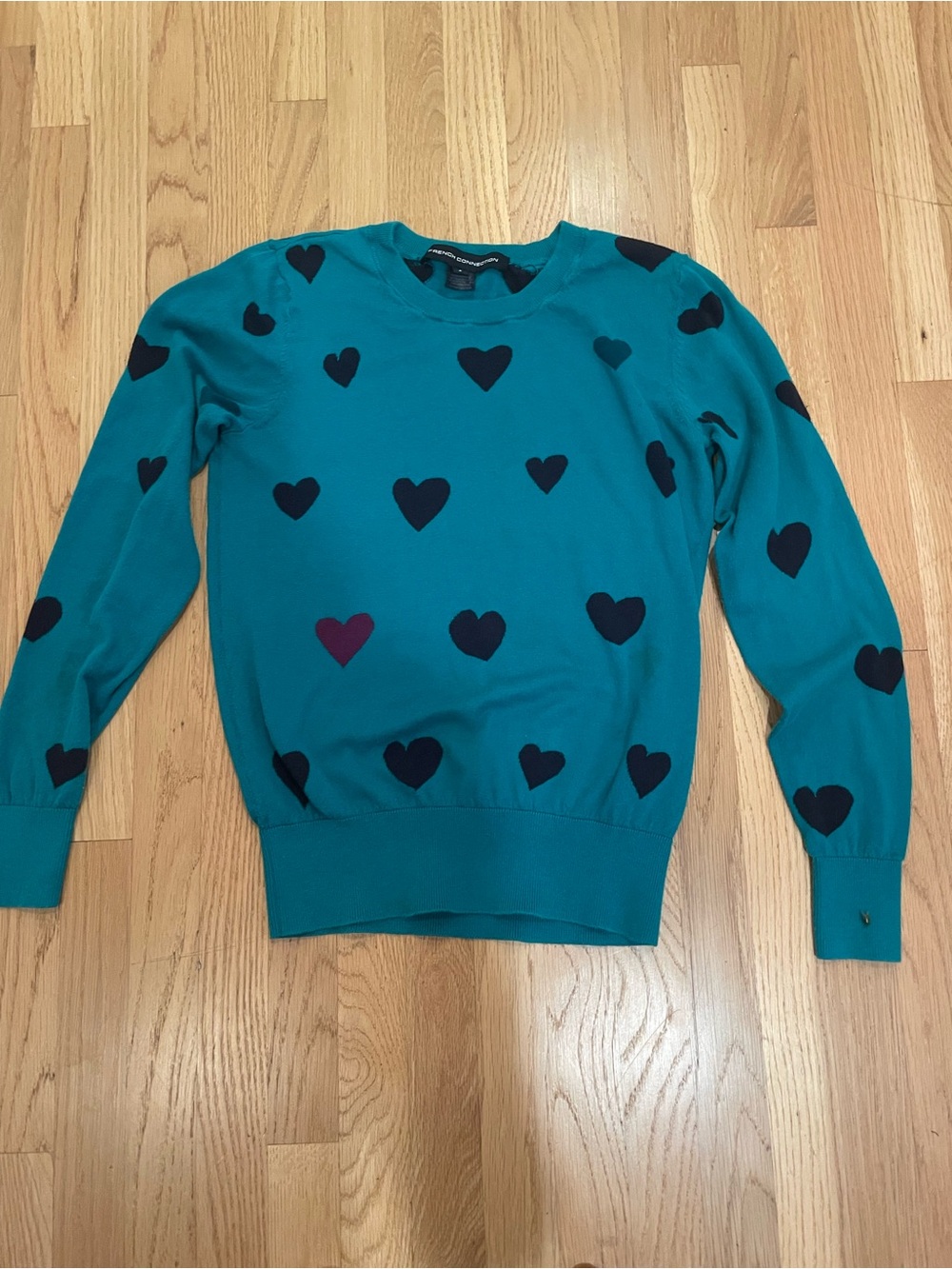 French Connection Teal Crewneck Sweater with Navy Heart Print